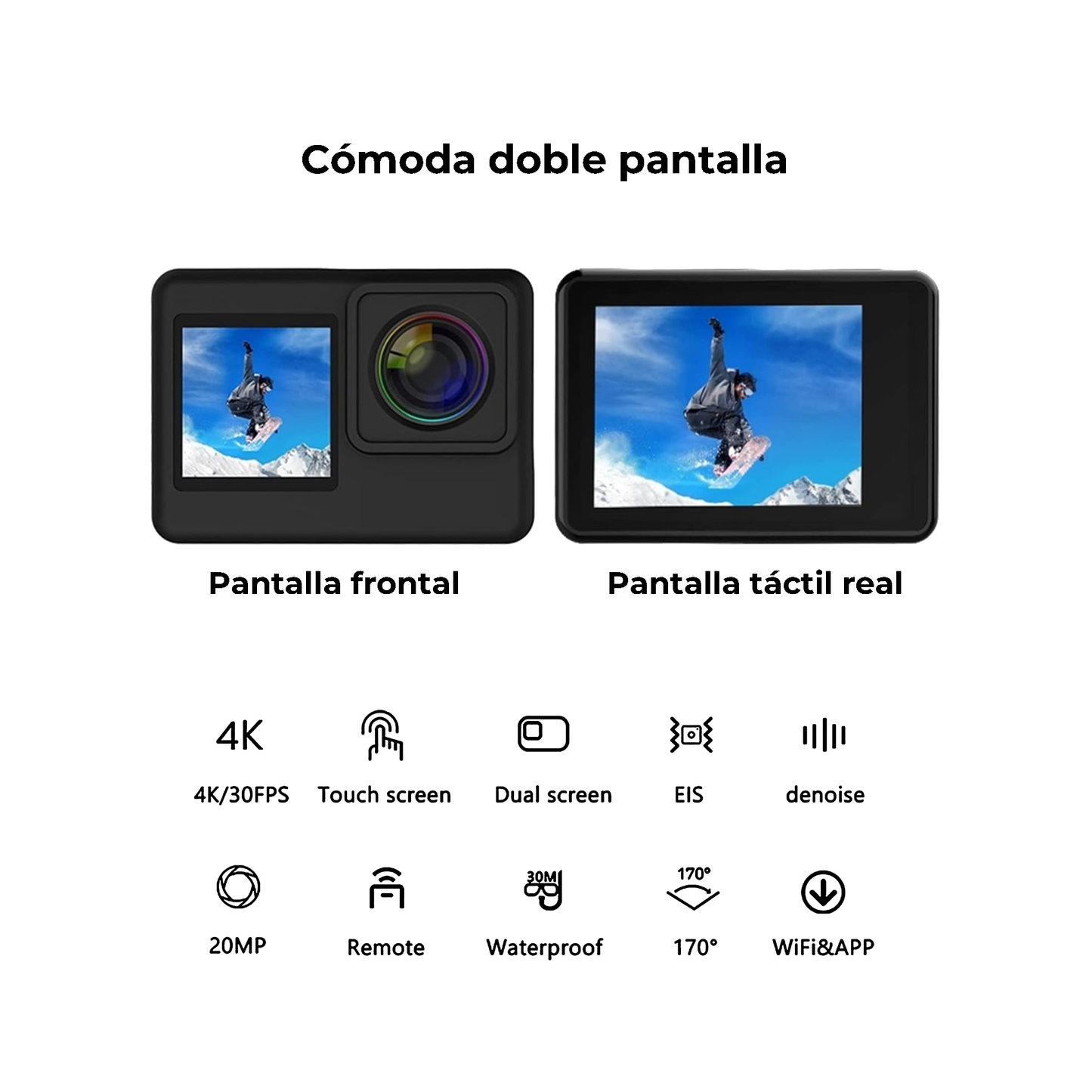 Cámara Deportiva 4K Táctil Doble Pantalla